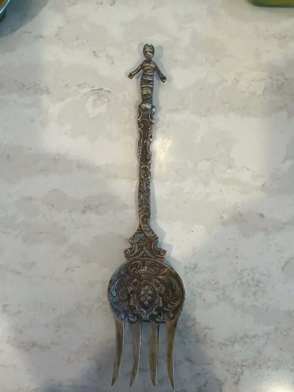 Vintage Montagnani Italy Ornate Brass Serving Fork with Swaddled Bambino and Med